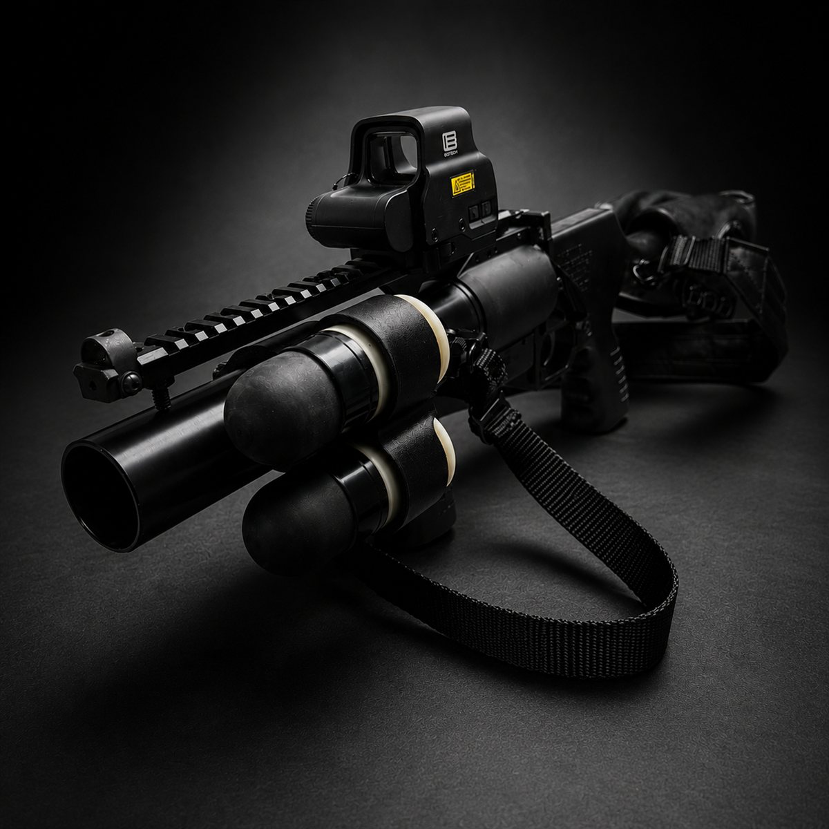 40mm Double Shell Caddy mounted on an LMT launcher with EOTech sight, three-quarter view